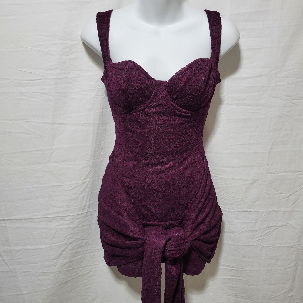 Mars the Label NWT Tie Front Lace Mini Dress Size US 4 UK 8 Plum Purple